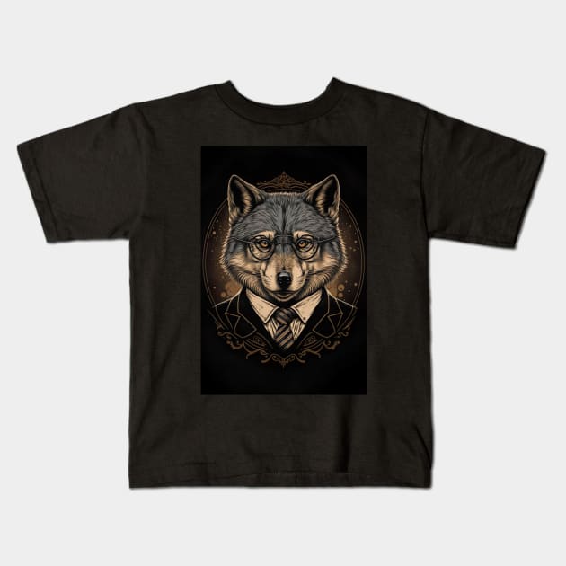 Handsome Wolf portrait with Glasses Kids T-Shirt by KoolArtDistrict